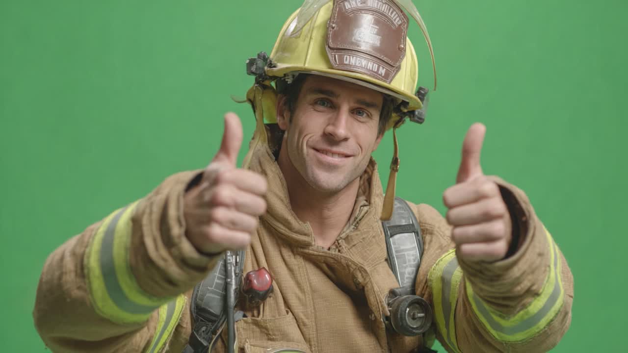 A Confident Firefighter Giving Thumbs Up: Celebrating Bravery and Teamwork in Firefighting with a Green Screen Background
