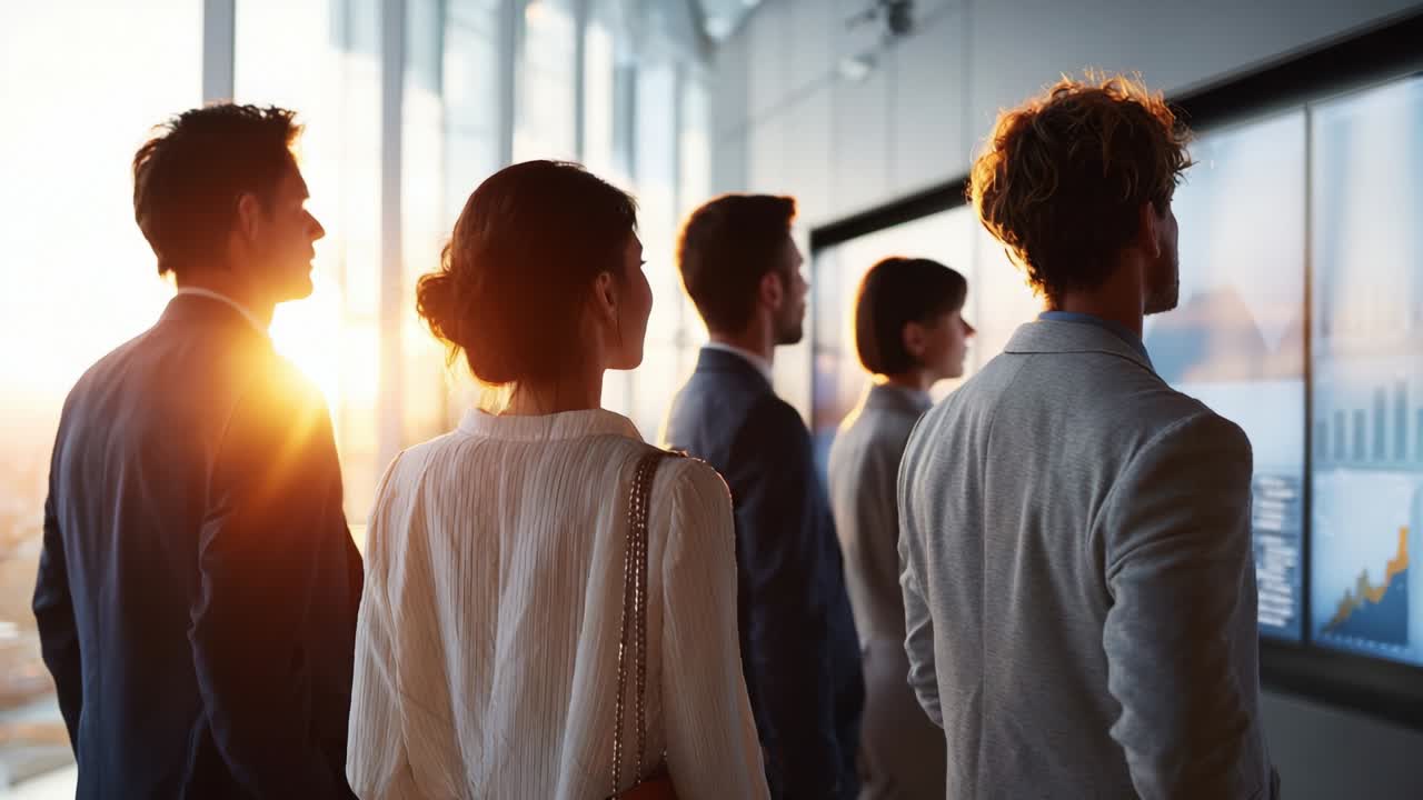 A group of professionals engage with visual data displays in a modern high-rise office as the sun sets in the background, highlighting their collaborative analysis during a crucial business meeting