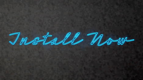 animation of blue neon text, install now, on grey textured background