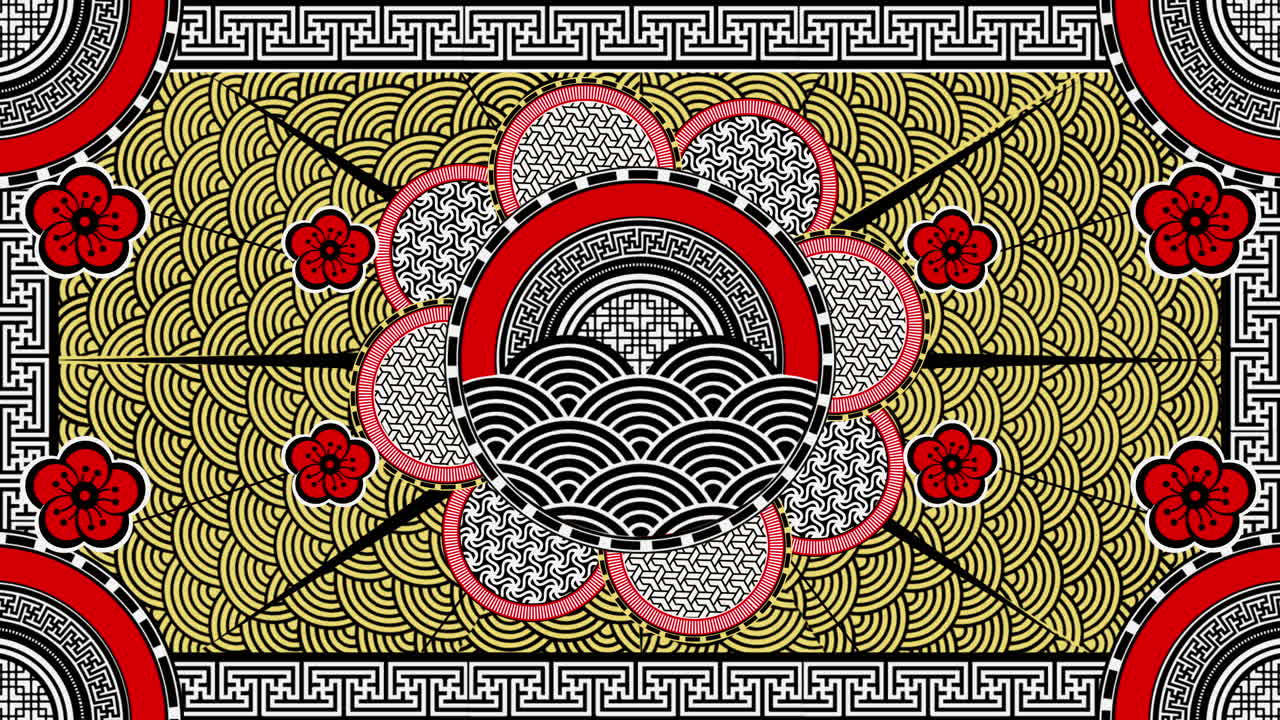 animación de signo de dragón y patrón chino en fondo amarillo