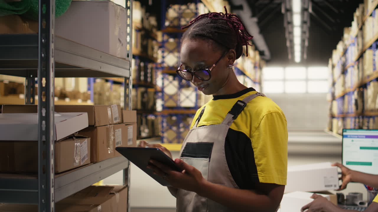 African american female applying shipping labels stickers on packages