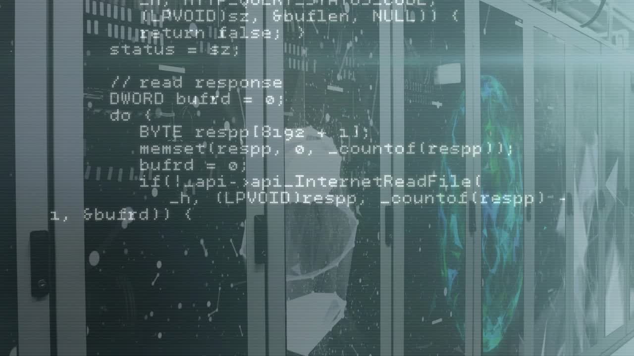 On start white code scrolling across server racks turning network calls into intersection logic