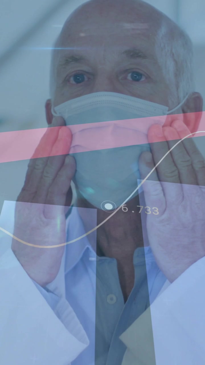 Vertical video: Senior physician securing mask before patient care while overlays highlighting fit