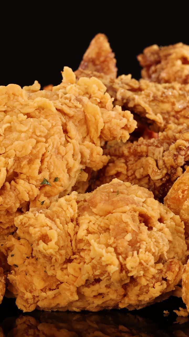 Golden fried chicken wings, drumsticks, and nuggets rotate on a glossy black surface under warm, even lighting, highlighting crunchy texture and appetizing detail