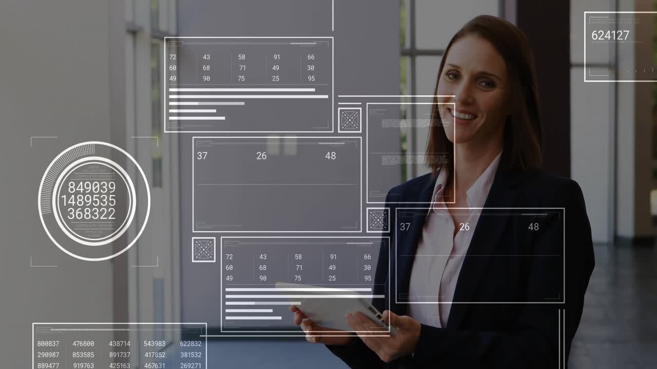 Donna d'affari che tocca l'interfaccia del tablet e analizza grafici di dati animati che si aprono