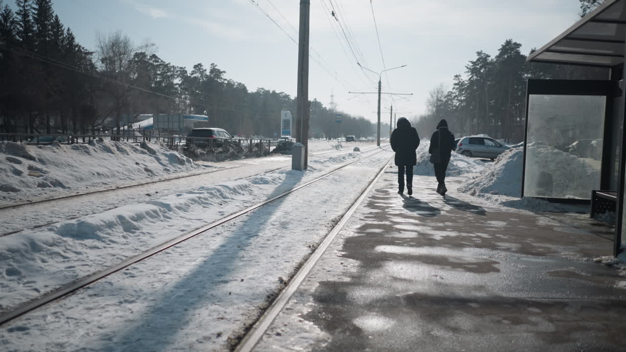 back view pedestrians walking along path past train stop beside snowy tracks, cars glide along road, long morning shadows, cold sunlight over winter suburb, quiet commute mood with distant trees