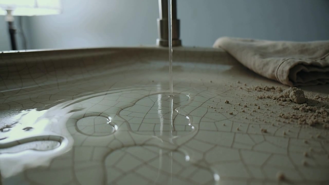 Opening tap metal spout sending stream onto cracked home sink forming pool with towel crumbs window