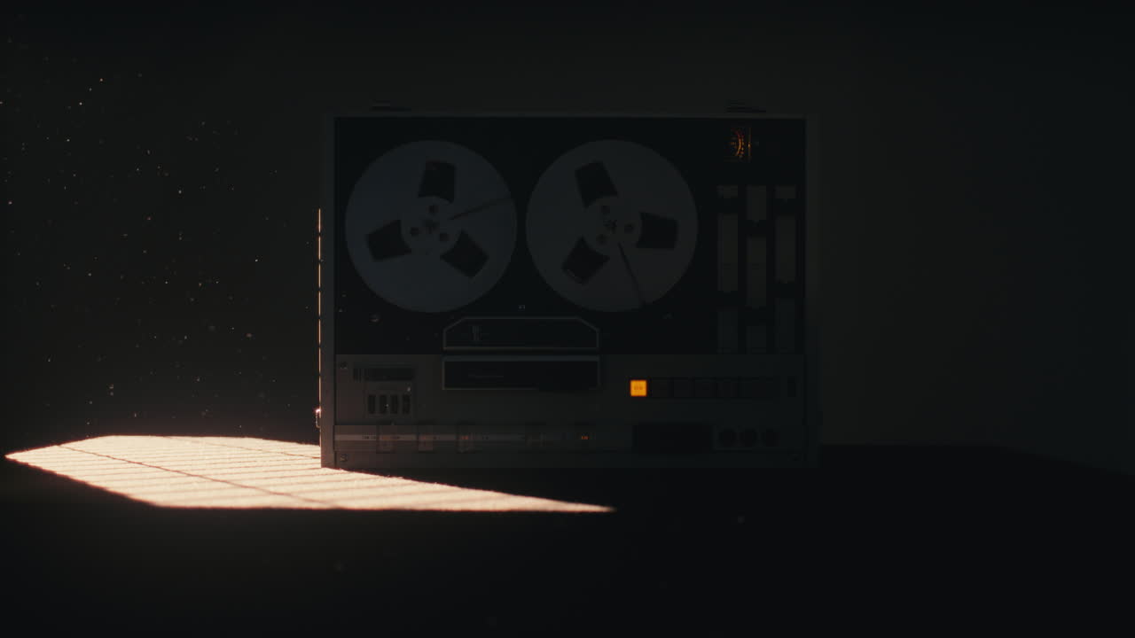A vintage tape recorder spinning spools in a red blinking light