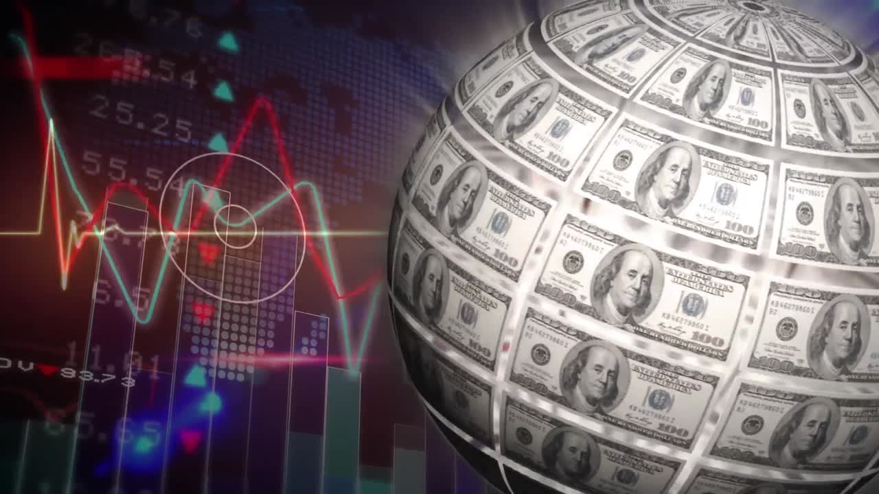 Animation of american dollar banknotes globe spinning over heart rate monitor and world map