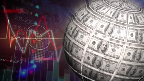 Animation-of-american-dollar-banknotes-globe-spinning-over-heart-rate-monitor-and-world-map