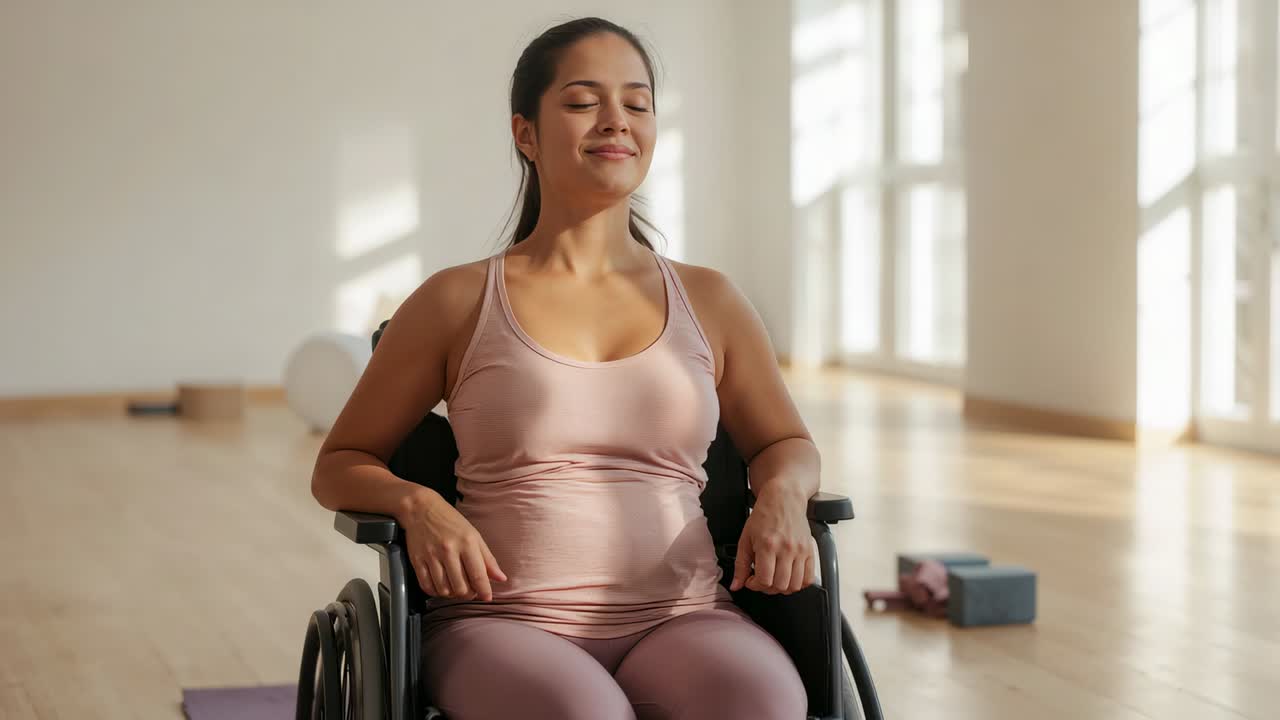 Starting, pregnant woman in wheelchair breathing slowly for calm in studio, wearing pink tank top