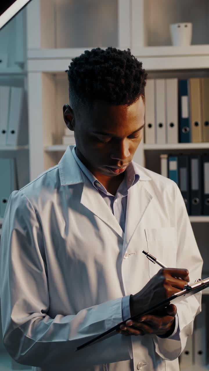 A young professional in a white coat writes on a clipboard. Captured from a medium angle, the video