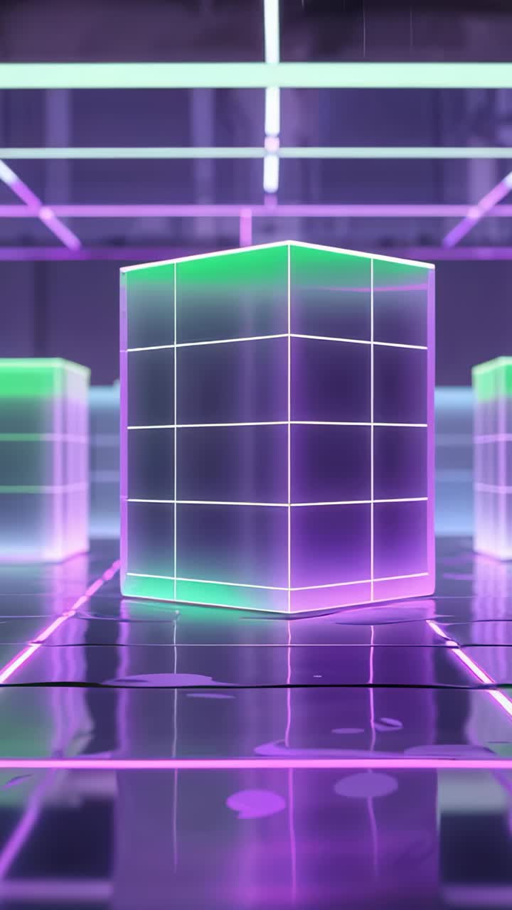 Vertical video: Advancing time causing neon-lit cube rotating in grid room, with overhead bars