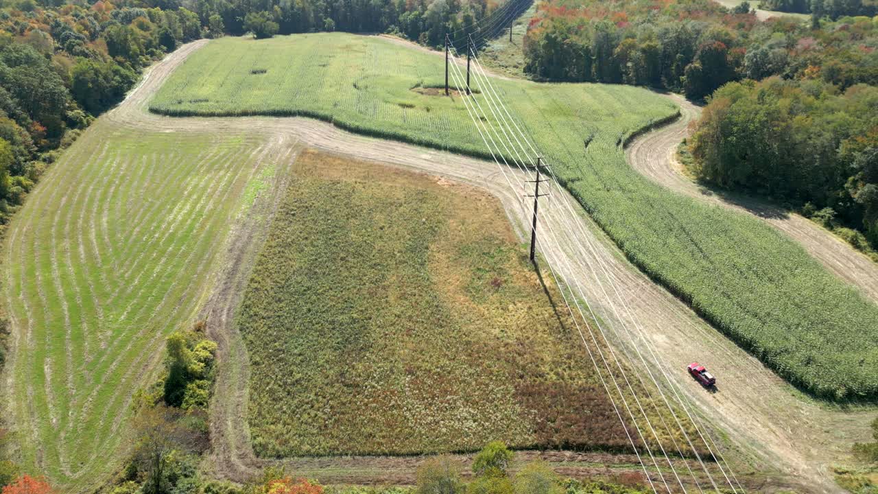 Drone view of Groff Park, fields and trees in Amherst, Massachusetts