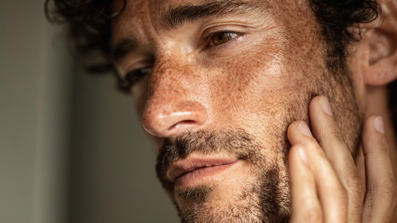 A Deep Reflection: Capturing the Introspective Moment of a Man as He Gently Touches His Face, Lost in Thought and Emotion, In a Series of Profound Expressions