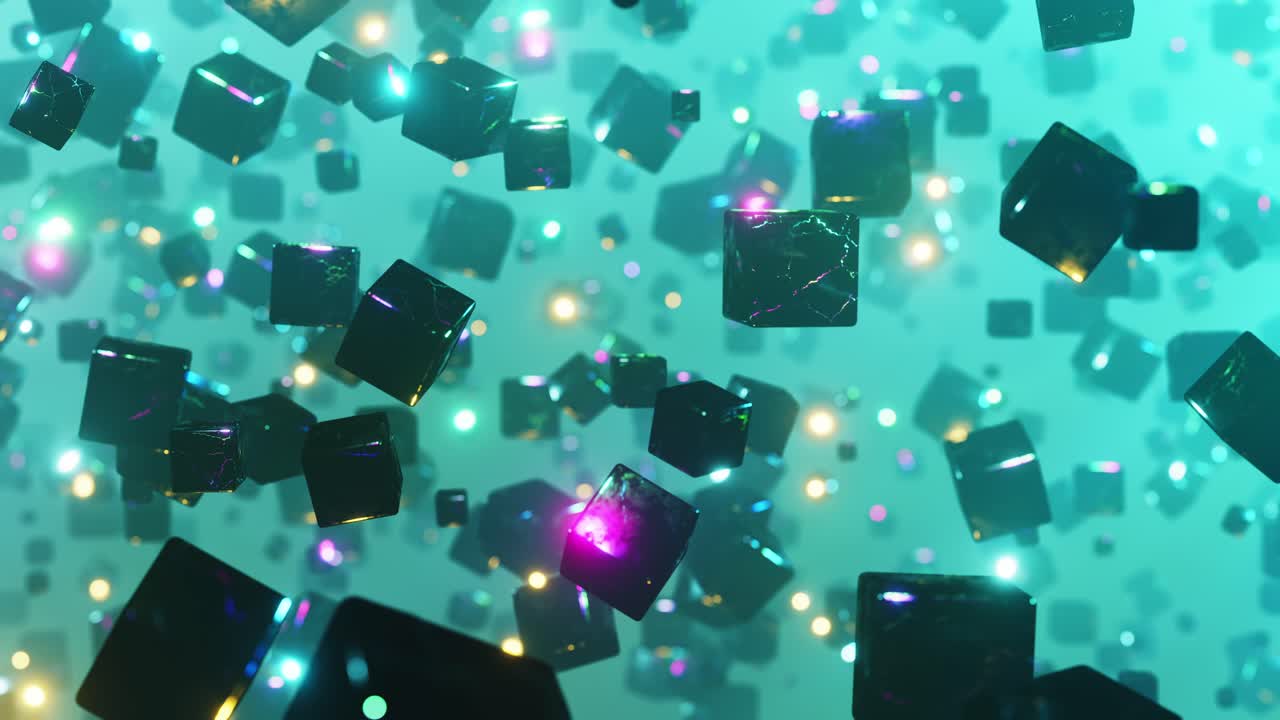 불빛으로 공중에 떠다니는 큐브 그룹. 무한 으로 된 애니메이션