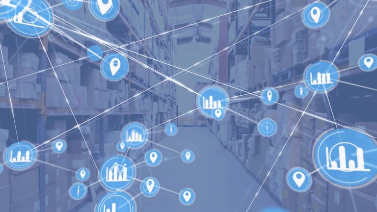 Animazione di rete di connessioni con icone su magazzino