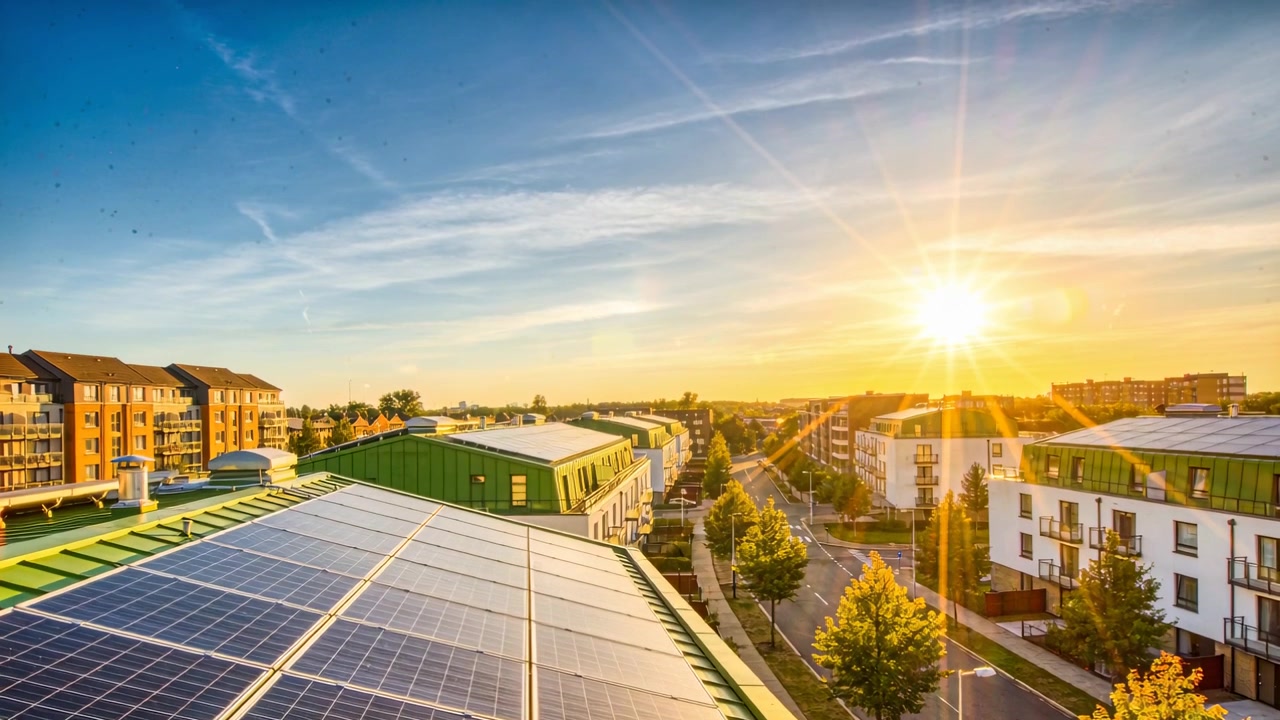 Sol nascente perto do céu à direita, mudando lentamente, alimentando painéis solares no telhado que refletem luz quente.