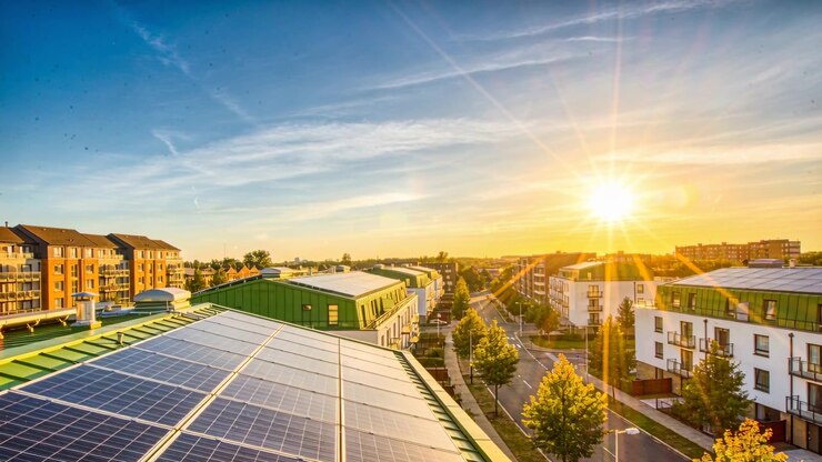 Sol nascente perto do céu à direita, mudando lentamente, alimentando painéis solares no telhado que refletem luz quente.
