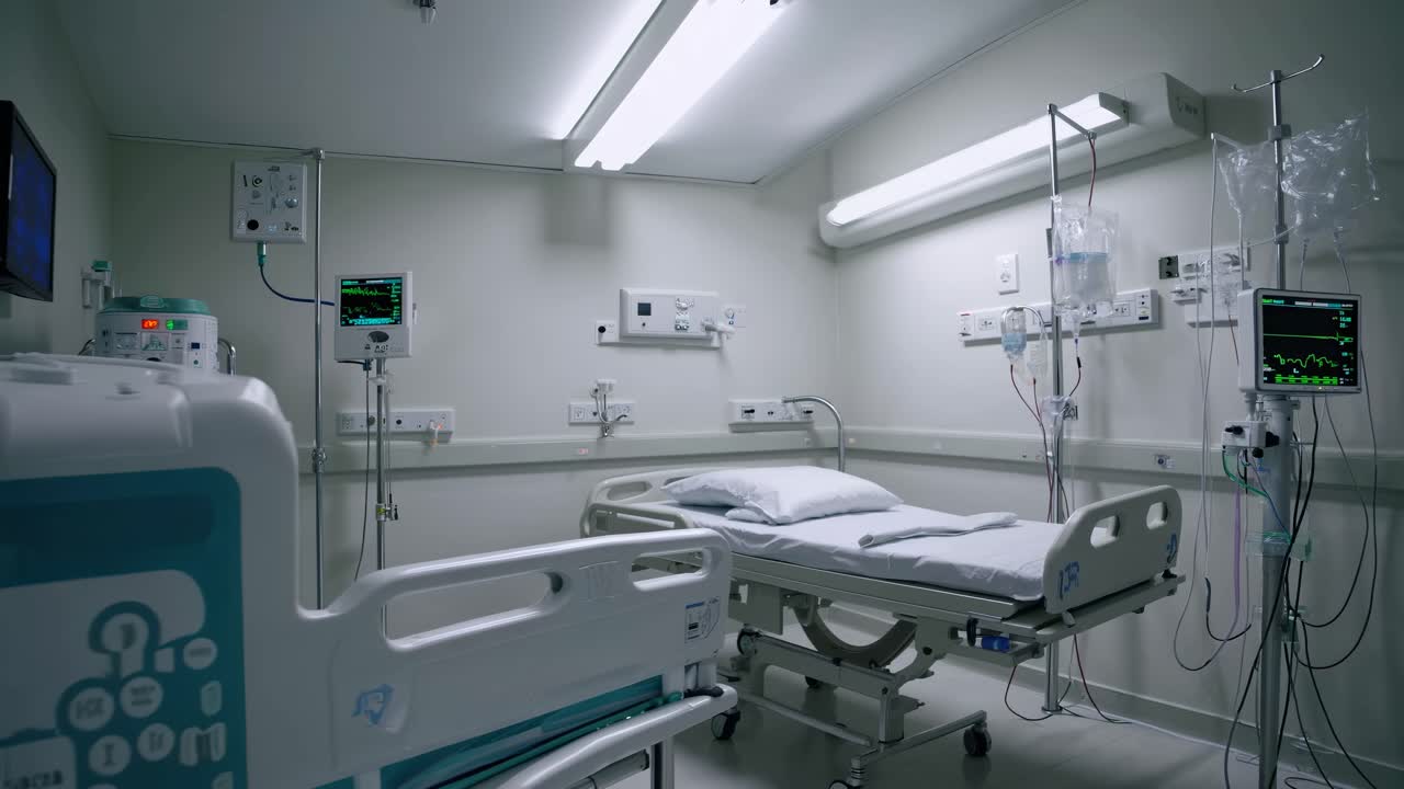 Foto gran angular de una sala de hospital aséptica con equipo médico y una cama vacía