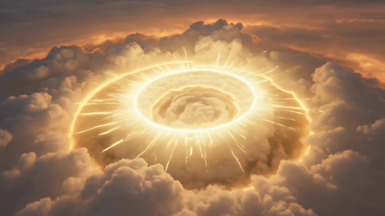Un bagliore centrale luminoso che emerge, generando un alone e un nucleo di nuvola che si espande sopra i cumuli, formando una corona.
