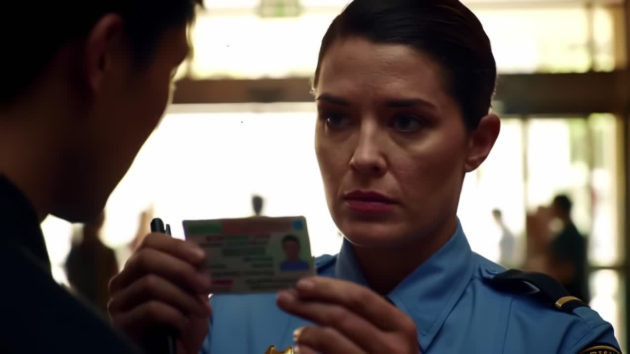 An Intense Encounter: A Law Enforcement Officer Examines an ID During a Tense Exchange in a Public Setting, Highlighting Authority and Suspense