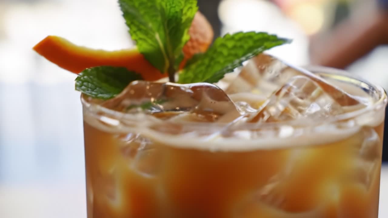 Refreshing Cold Beverage with Mint and Citrus Garnish Served Over Ice in a Clear Glass, Perfect for Quenching Thirst on a Hot Day