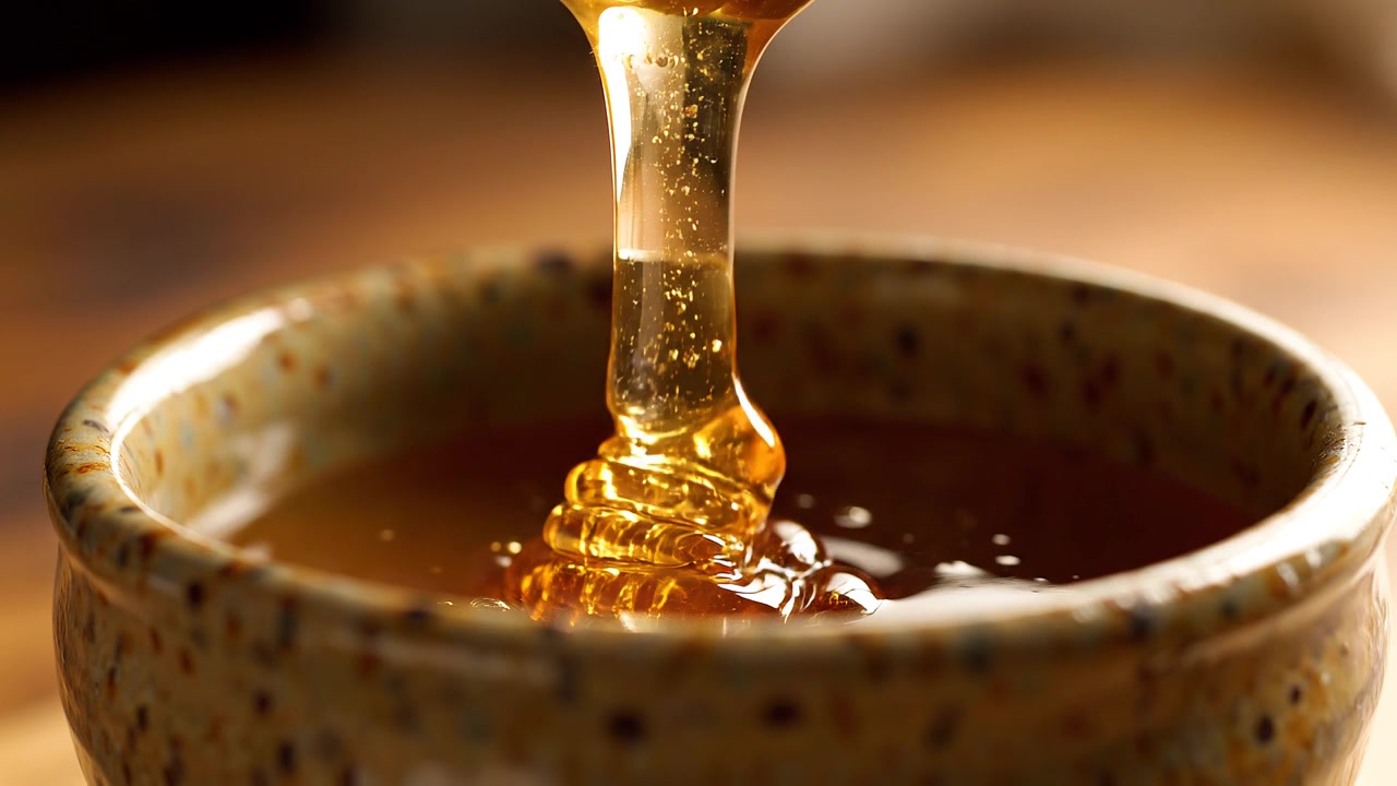 Primo piano di miele dorato che cola da un mestolo in una ciotola di ceramica.