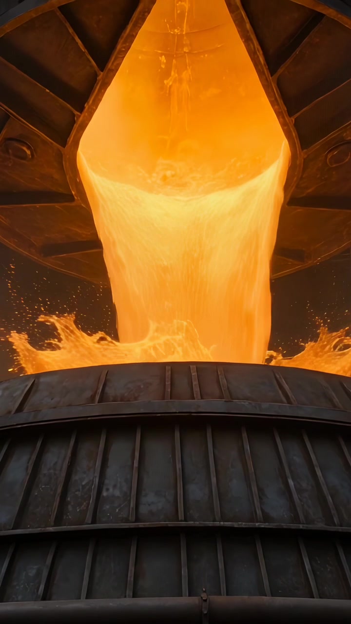 Dikey video: Döküm tesisinde konik bir ağızlıktan açık musluktan potaya akan erimiş metal.