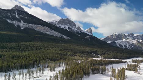 aerial of forested snow-capped mountains, alberta, canada