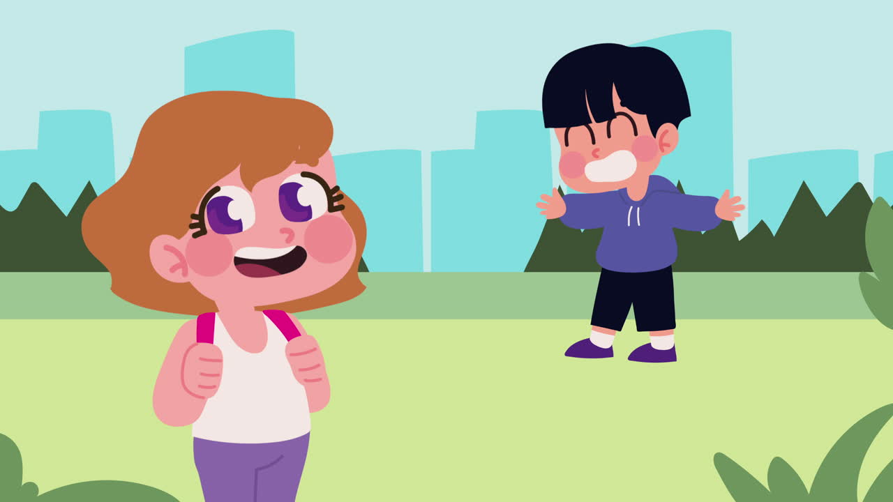 una pareja de niños en el campo de animación