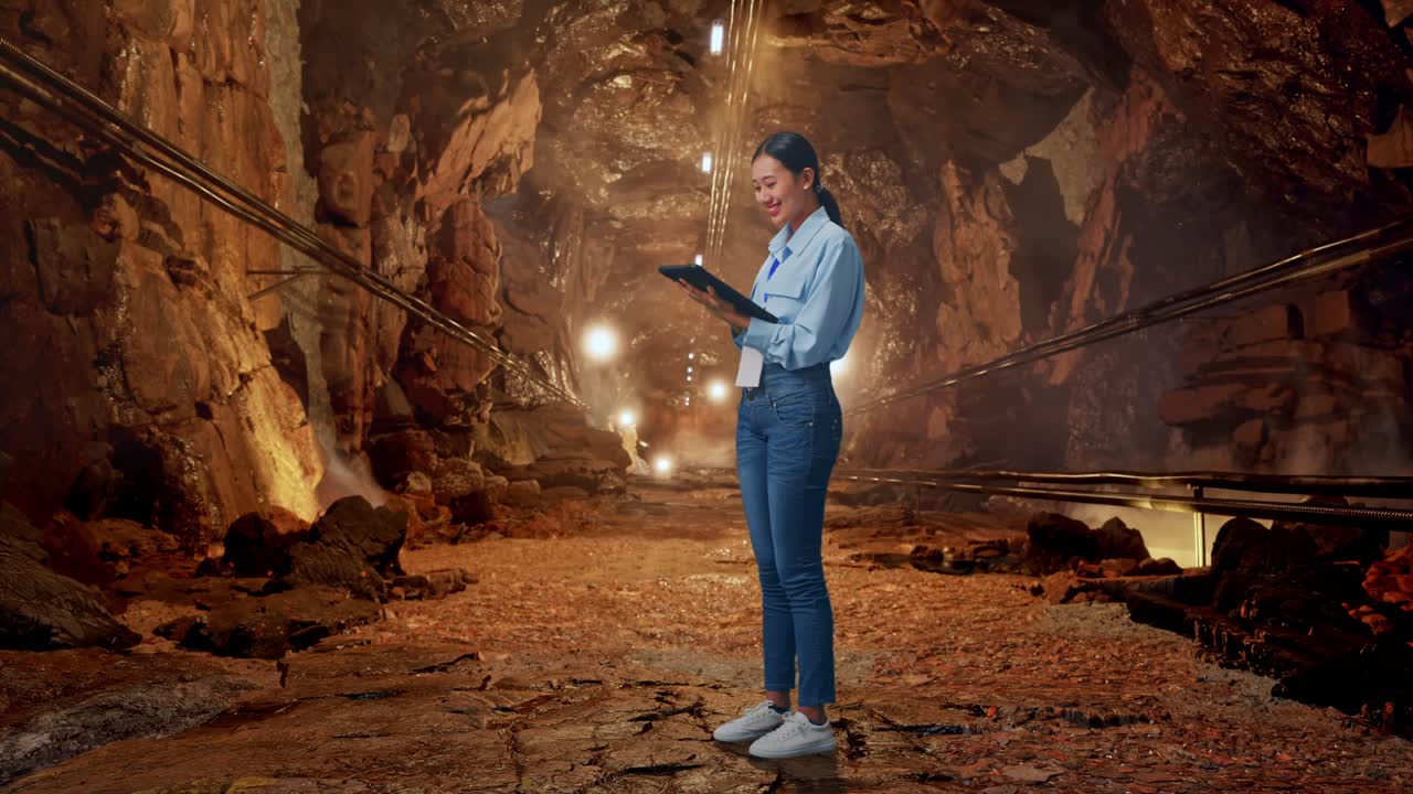 Full Body Side View Of Asian Female With Her Tablet In Underground Mine Tunnel, Working Continuously With Her Tablet