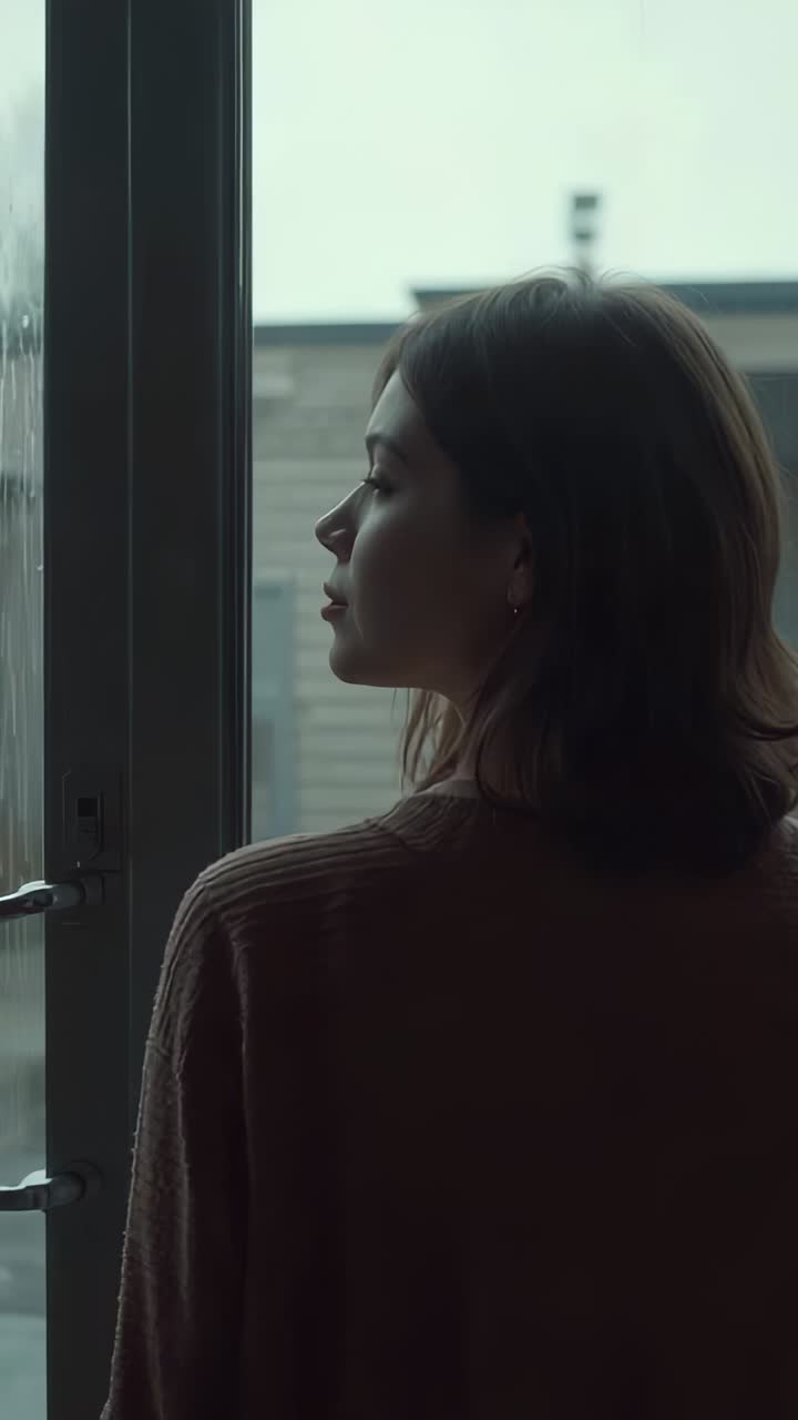Vídeo vertical: Mulher de tricô virando do perfil esquerdo para as costas perto da janela, observando o telhado.
