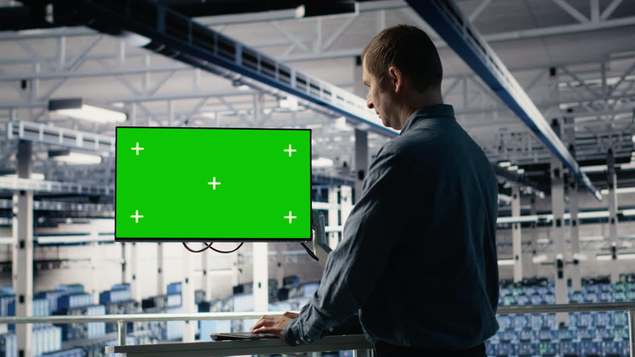 Server Farm Programmer Using Green Screen Computer To Scan Hardware Rigs