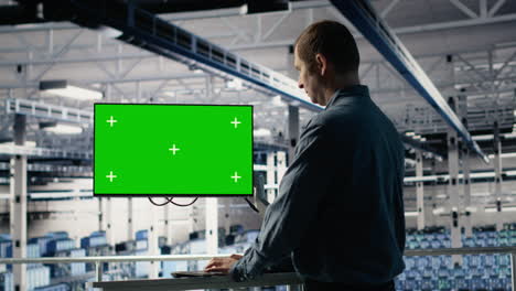 server farm programmer using green screen computer to scan hardware rigs