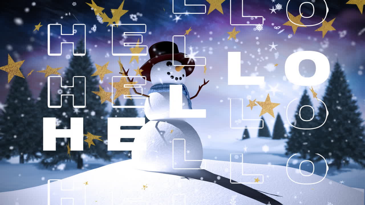 Animation of snowman in top hat with HELLO text, stars, and snowflakes