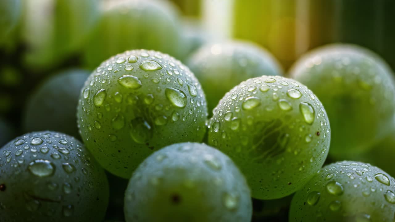 Un'esplorazione ravvicinata di uva verde fresca bagnata dalla rugiada mattutina, che mostra la sua consistenza succulenta e il colore vibrante sotto la luce naturale