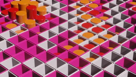 animated multicolor cubes and cylinders in abstract 3d render scene. seamless loop modern satisfying 3d animation