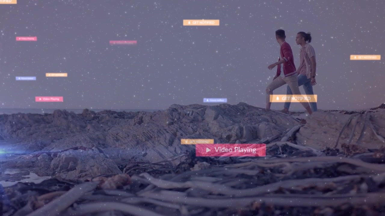 Cursor clicking, man and woman walking ridge while animated tech badges showing data for creators