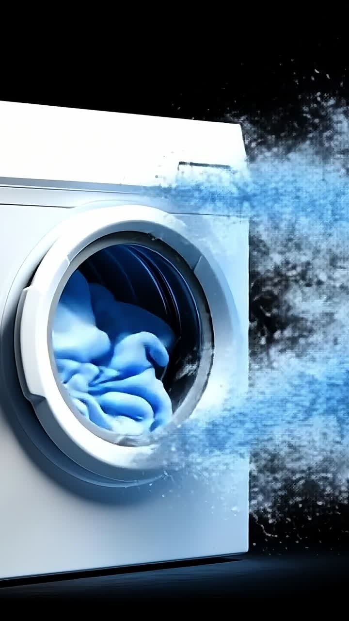 Fresh laundry mist from washer. A washing machine dispenses a fine mist of fresh laundry as colorful clothes spin inside, creating a clean atmosphere.