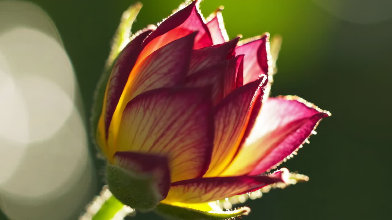 Close-up of a vibrant, colorful rose bud