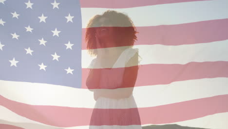 animation of african american woman over flag of united states of america