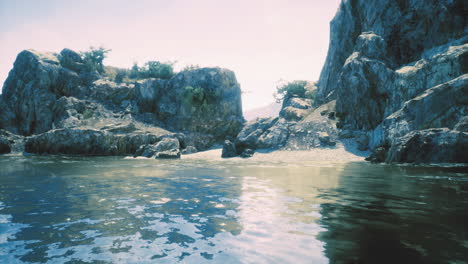scenic coastal landscape with rocky cliffs and tranquil water reflections