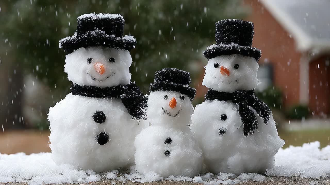 Three Cheerful Snowmen in Winter Wonderland Displaying Their Joyful Presence with Hats and Scarves Amidst Falling Snowflakes