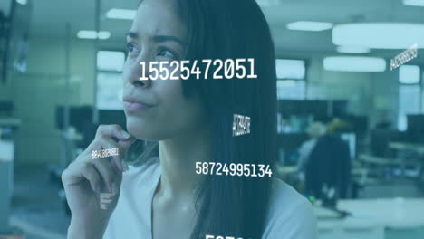 animation of floating numbers with woman working in an office