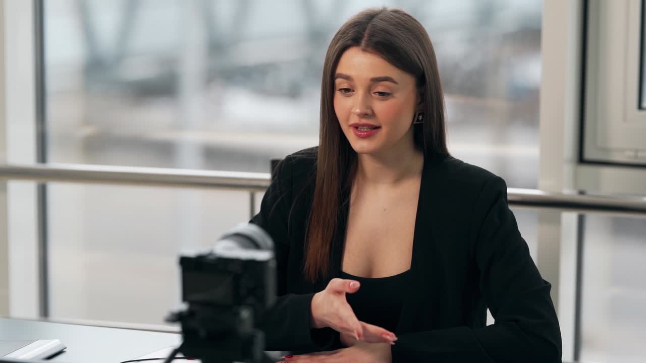 middle view of a beautiful young girl in a business suit talking to the camera on a tripod