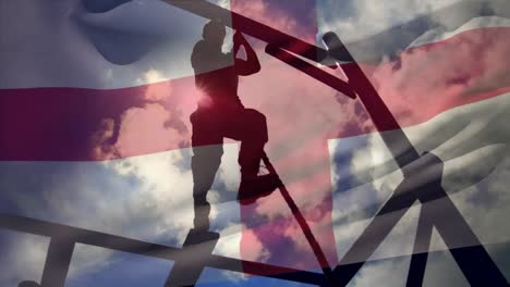 animación de la bandera de inglaterra ondeando sobre el soldado haciendo ejercicio en la cuerda