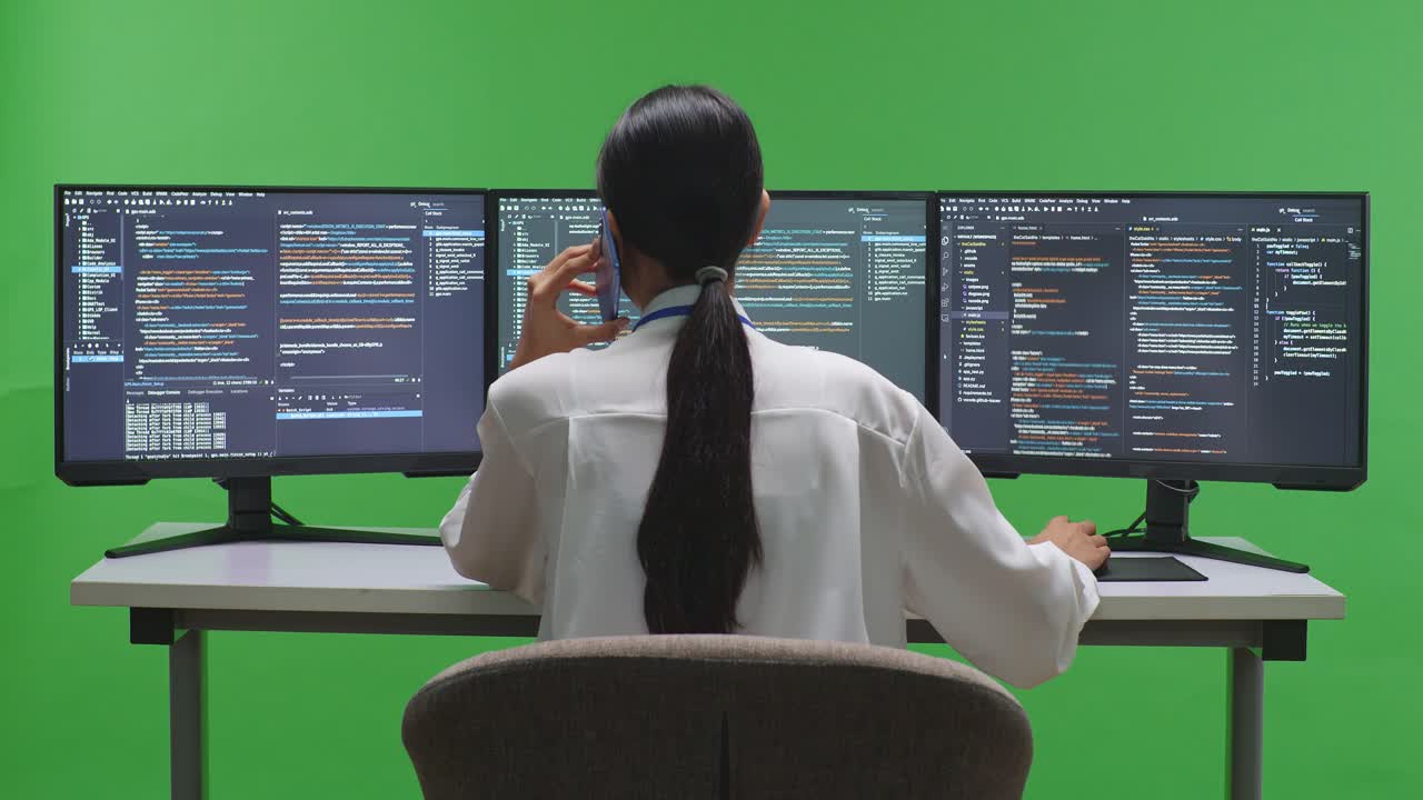 Woman Programmer Working on Multiple Monitors
