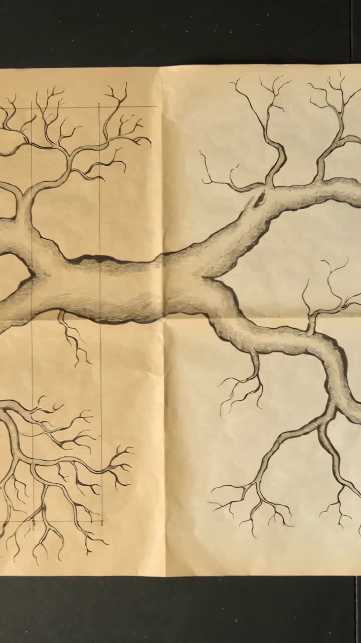Video verticale: Panoramica della telecamera a sinistra che rivela uno schizzo di albero su un foglio beige con pieghe che mostrano l'estensione