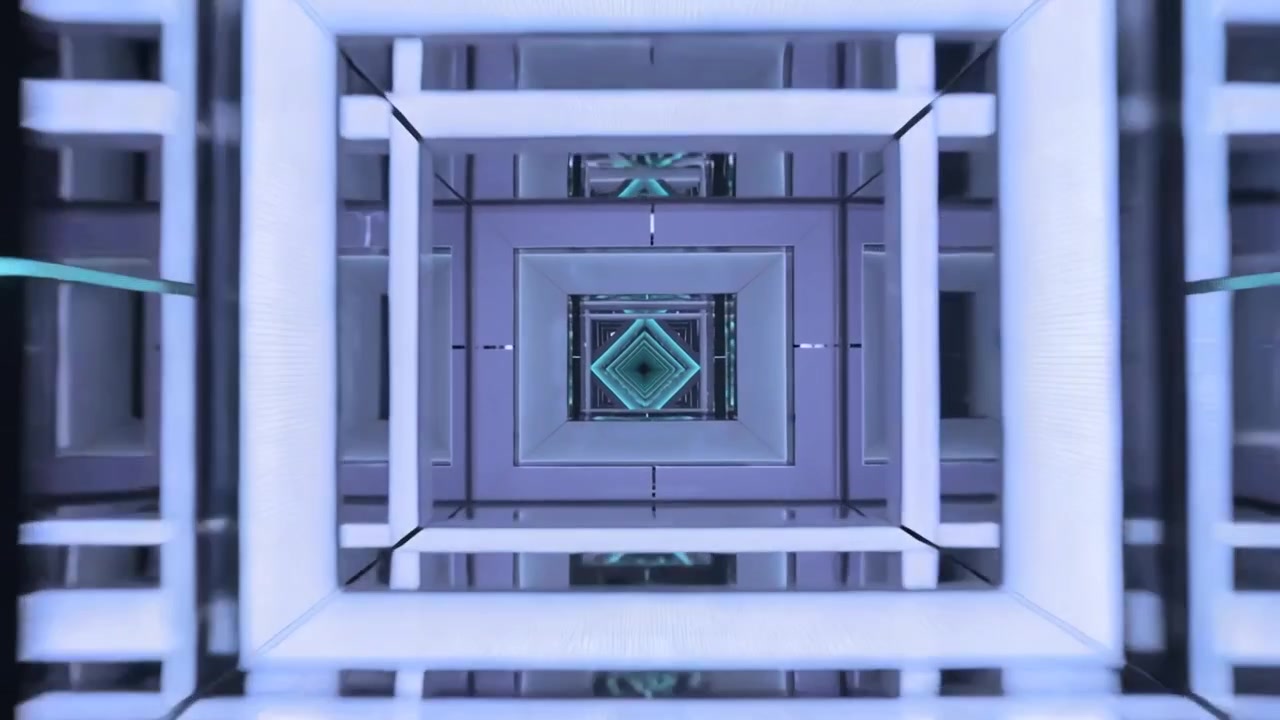 Avvio della riproduzione, telecamera che avanza attraverso i fotogrammi in un condotto con riflessi a diamante color verde acqua